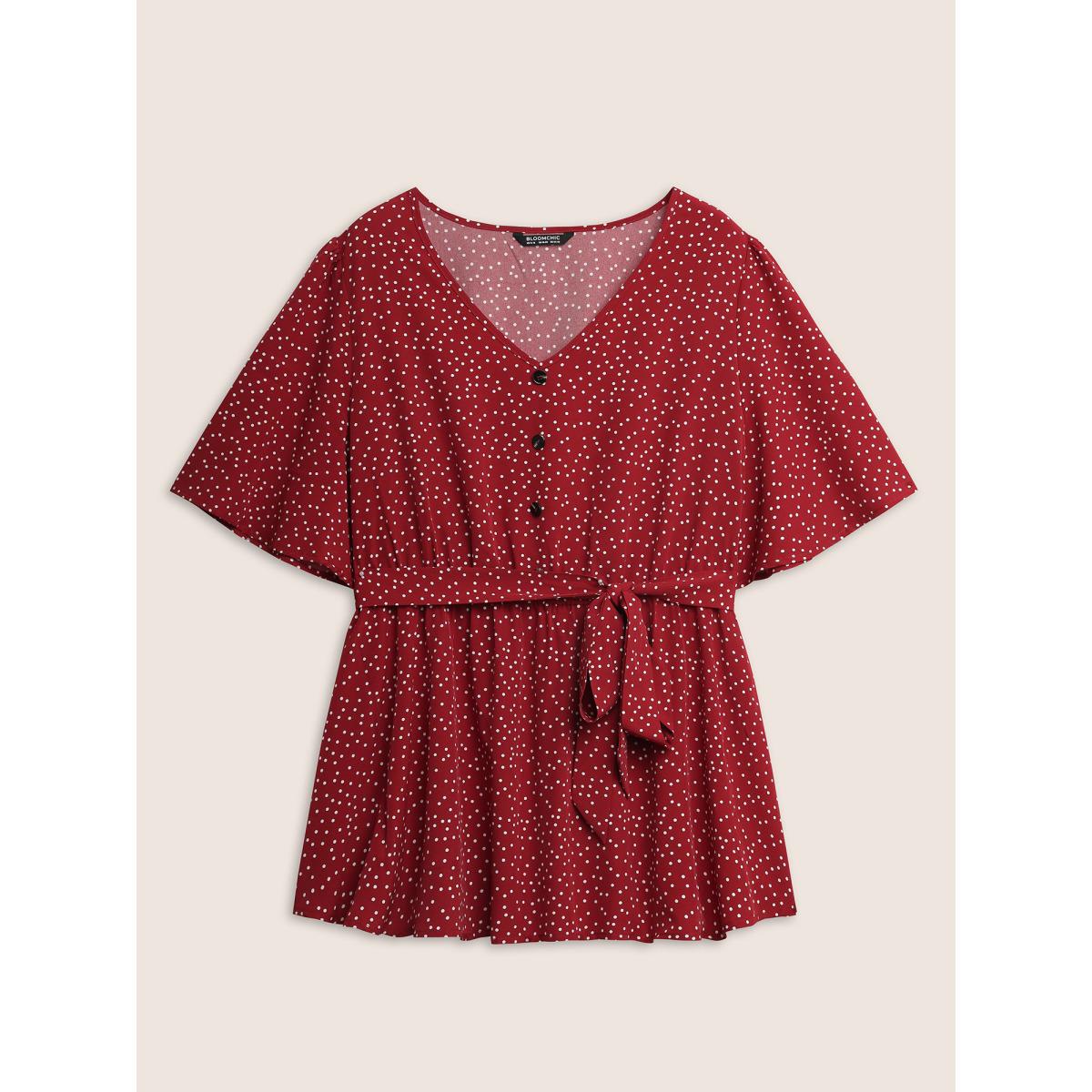 Plus Size Scarlet Polka Dot Ties Button Detail Blouse Women Elegant Short sleeve V-neck Everyday Blouses BloomChic 14-16/1X Product Image