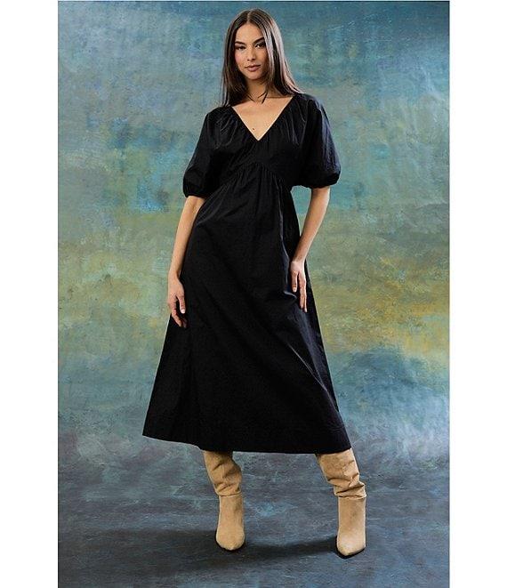The Good Journey Double V Neck Puff Sleeve Tie Back Aline Cotton Poplin Midi Dress Product Image