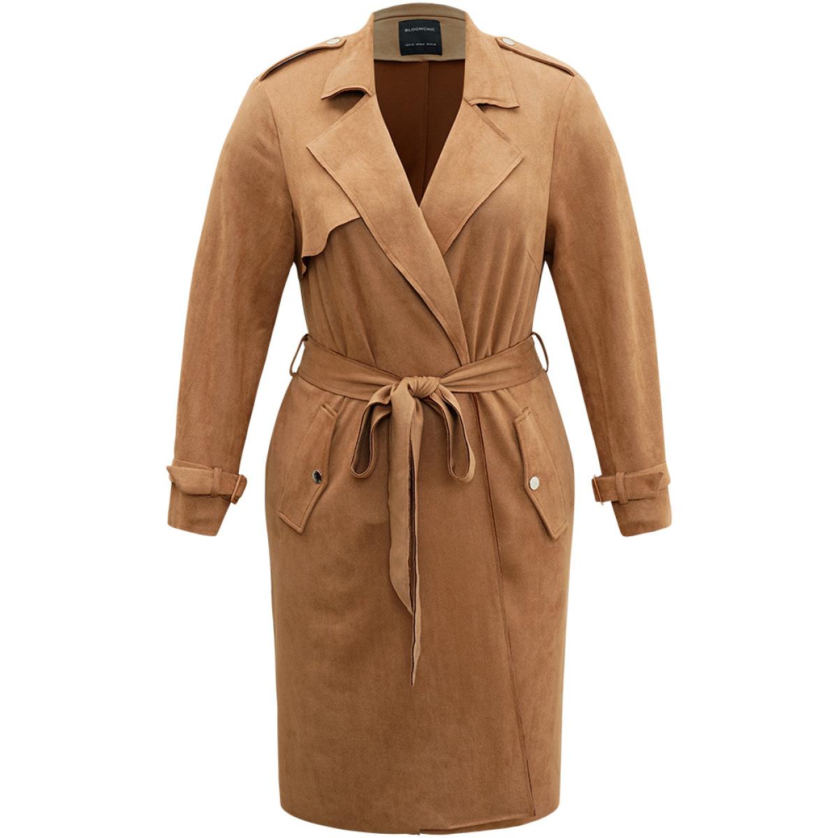 Plus Size Solid Button Detail Knot Belted Coat Women Chocolate Work From Home Plain Ladies Work Winter Coats BloomChic 18-20/2X Product Image