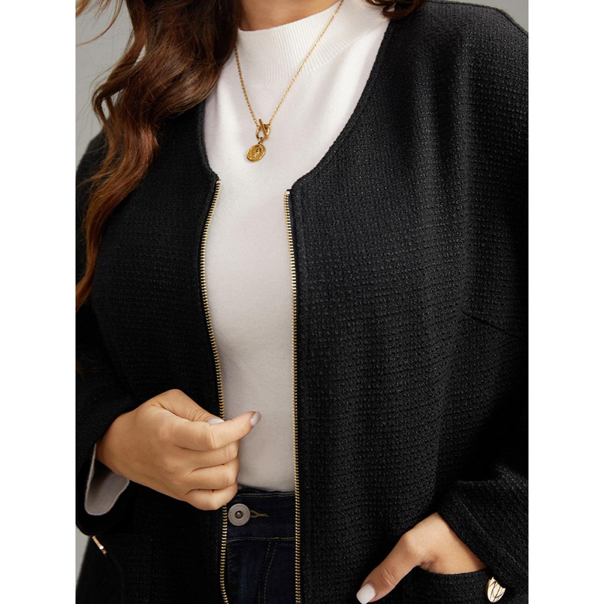 Plus Size Solid Tweed Pocket Metai Detail Zipper Coat Women Black Casual Plain Ladies Dailywear Winter Coats BloomChic 18-20/2X Product Image