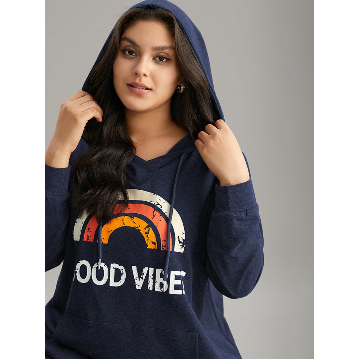 Plus Size Rainbow Print Kangaroo Pocket Hooded Sweatshirt Women Indigo Casual Printed Everyday Sweatshirts BloomChic 26/4X Product Image
