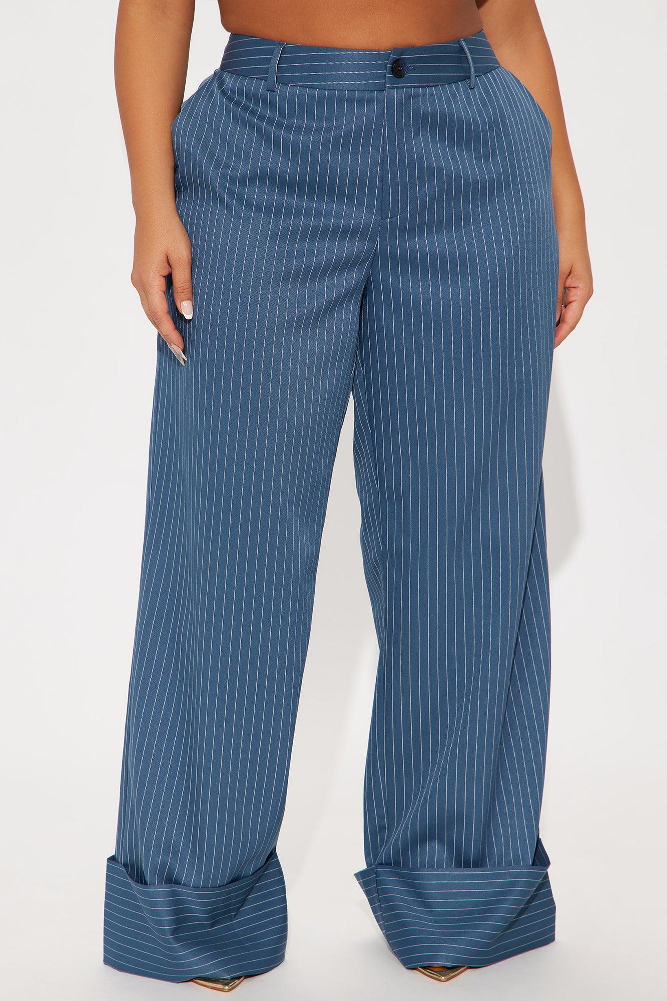 On A Tight Schedule Pinstripe Cuffed Trouser Pant - Blue Female Product Image