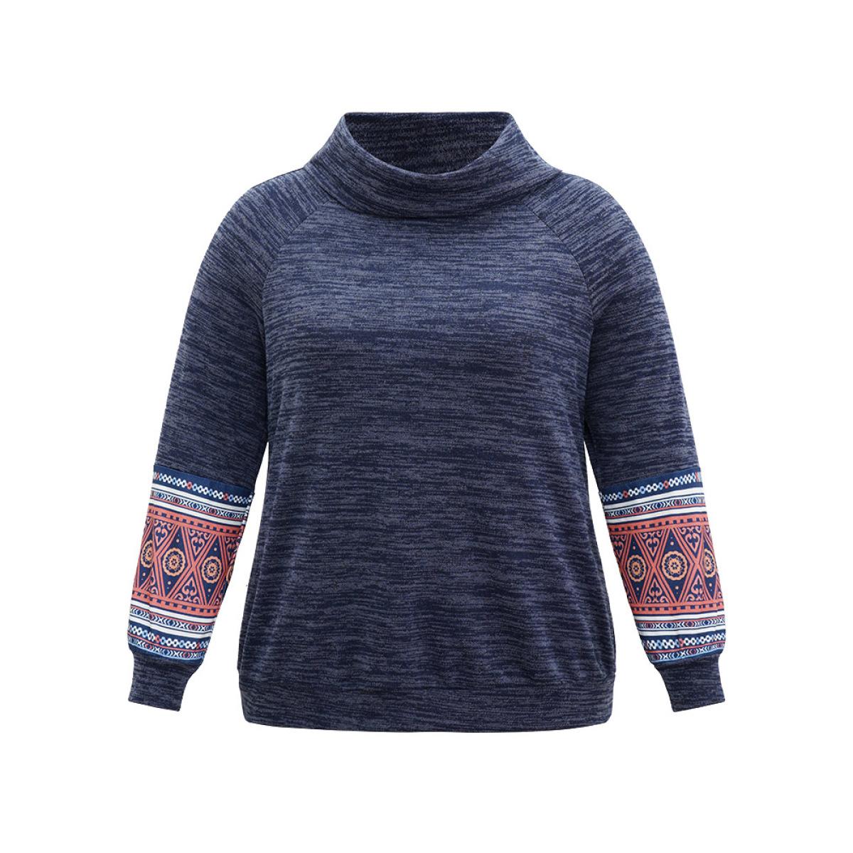 Plus Size Heather Boho Print Raglan Sleeve Turtleneck Sweatshirt Women Blue Casual Heather Turtleneck Dailywear Sweatshirts BloomChic 30/6X Product Image