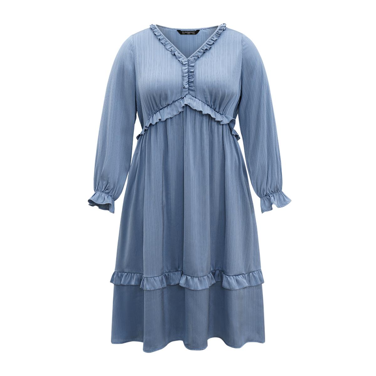 Plus Size Plain Pocket Elastic Waist Ruffles Frill Trim Dress Aegean Women Elegant Gathered V-neck Long Sleeve Curvy Midi Dress BloomChic 18-20/2X Product Image