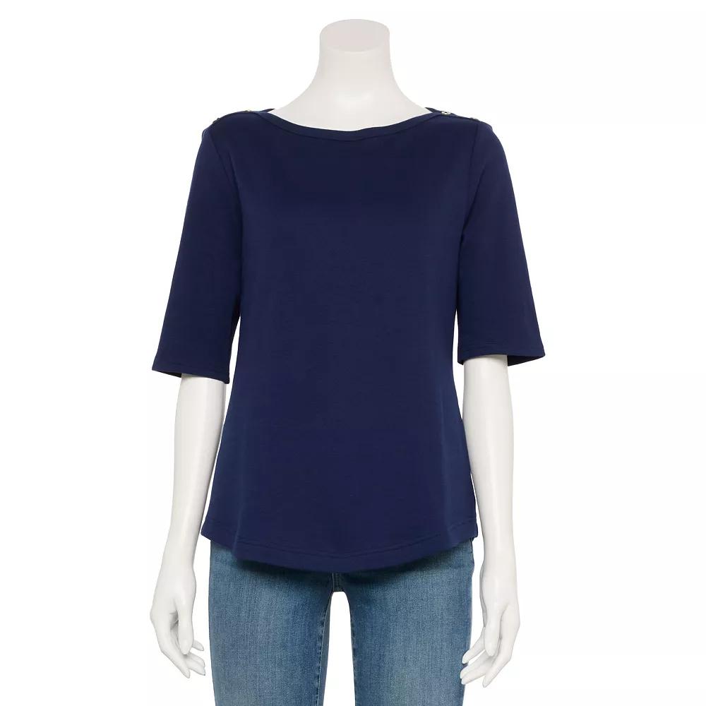 Women's Croft & Barrow® Binded Neck Bateau Elbow Sleeve T-Shirt, Size: Medium, Blue Product Image