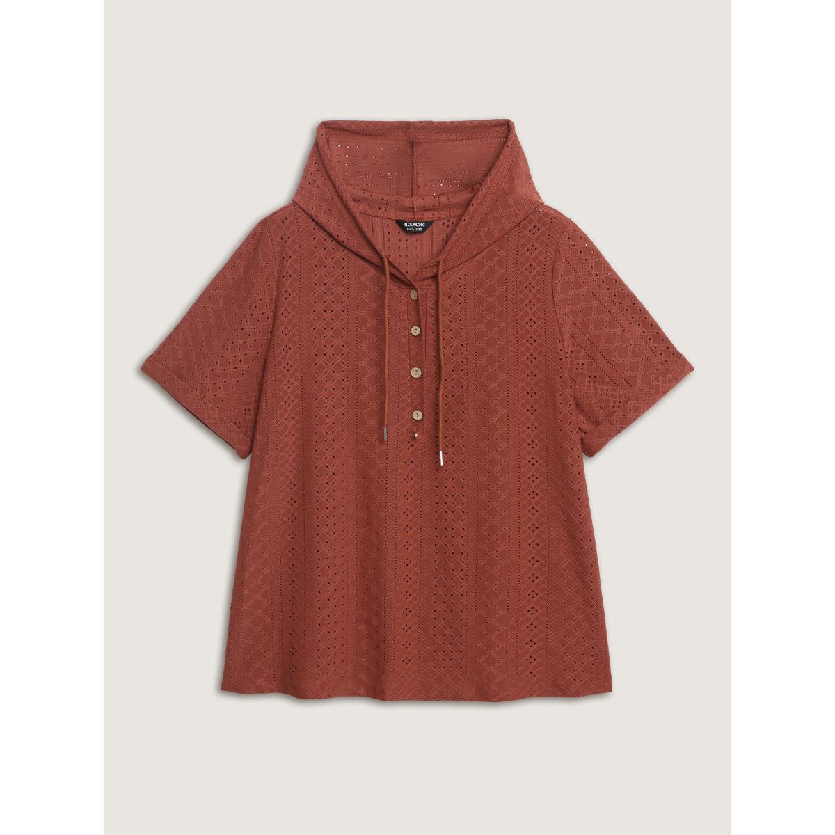 Plus Size Textured Hooded Half Button Placket T-Shirt Rust Women Boho Texture Hooded Vacation T-shirts BloomChic 18-20/2X Product Image