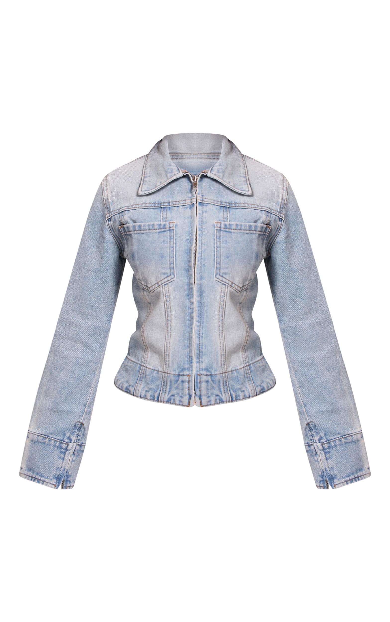 Petite Light Blue Denim Front Zip Fitted Jacket Product Image