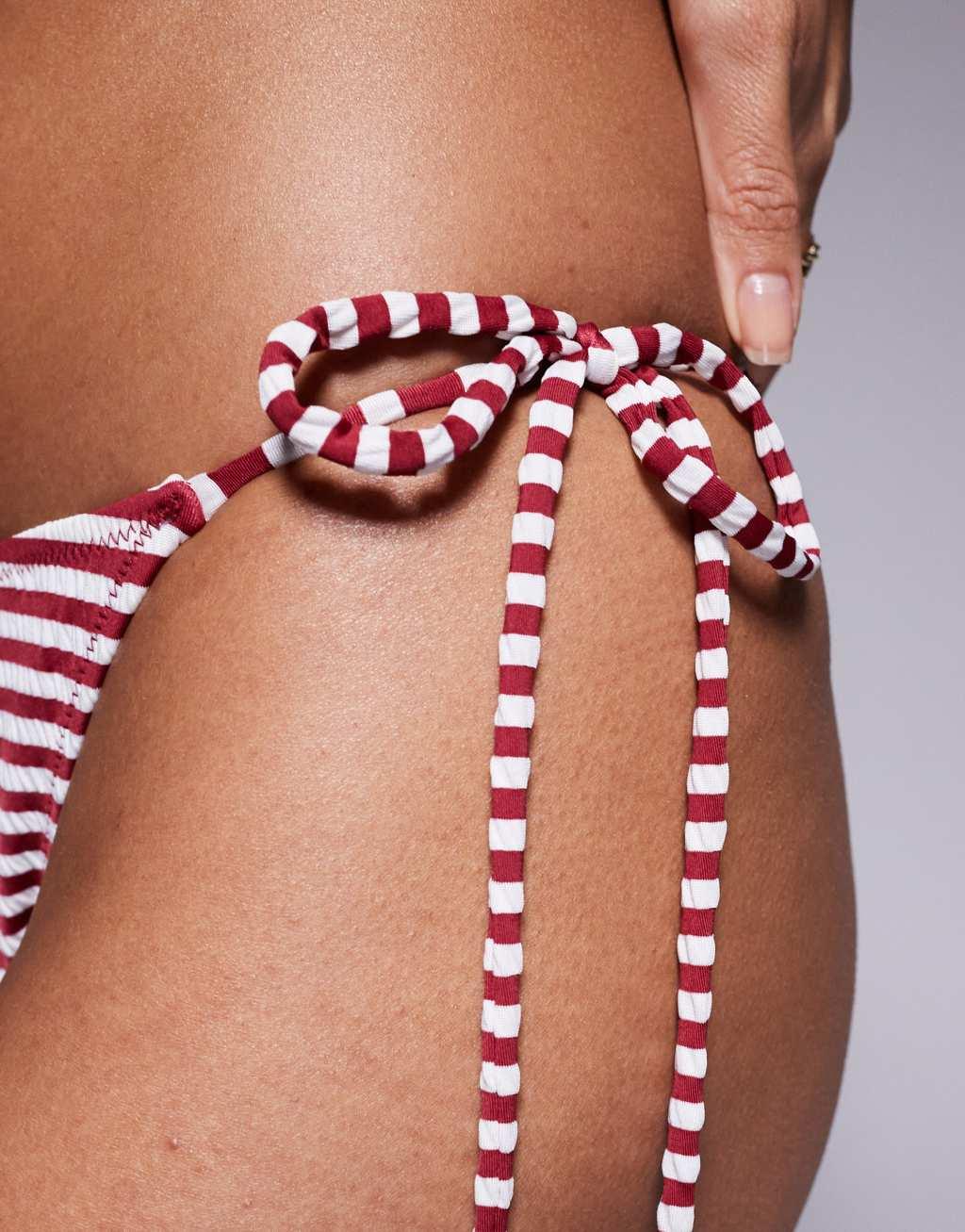 Candypants stripe crinkle tie side bikini bottom in red and white Product Image