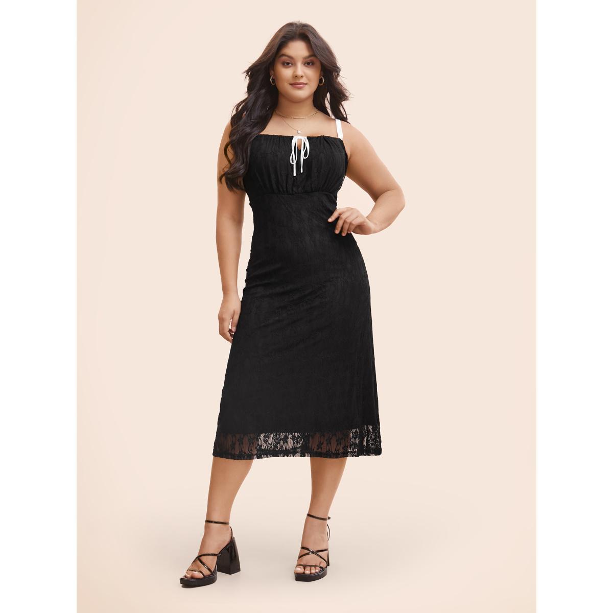 Plus Size Contrast Tie Knot Lace Panel Cami Dress Black Women Elegant Woven ribbon&lace trim Square Neck Sleeveless Curvy BloomChic 14-16/1X Product Image