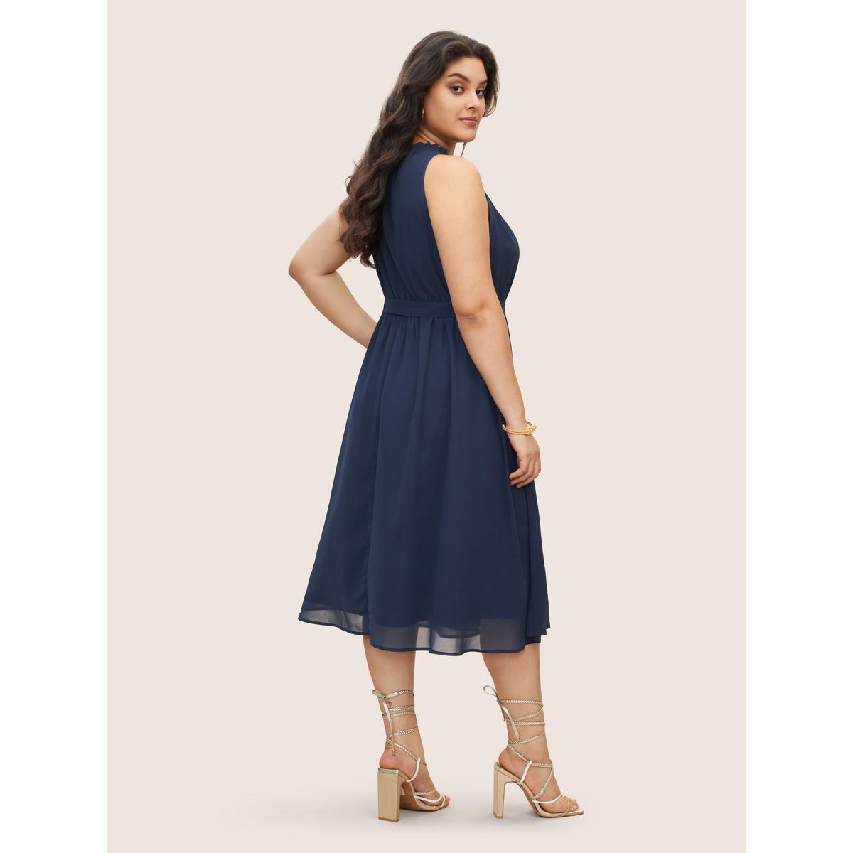 Plus Size Plain Sleeveless Frill Trim Pocket Belted Mock Neck Dress DarkBlue Women At the Office Pocket Mock Neck Sleeveless Curvy Midi Dress BloomChic 30/6X Product Image
