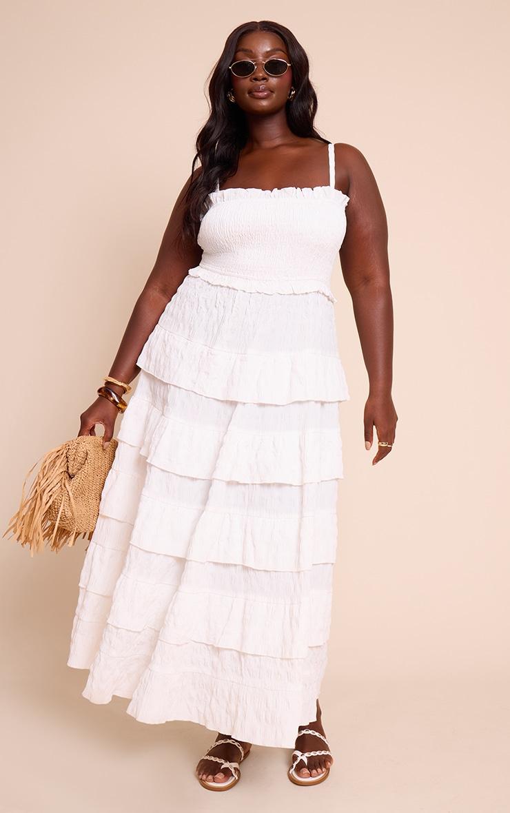Plus White Textured Shirred Tiered Maxi Dress Product Image