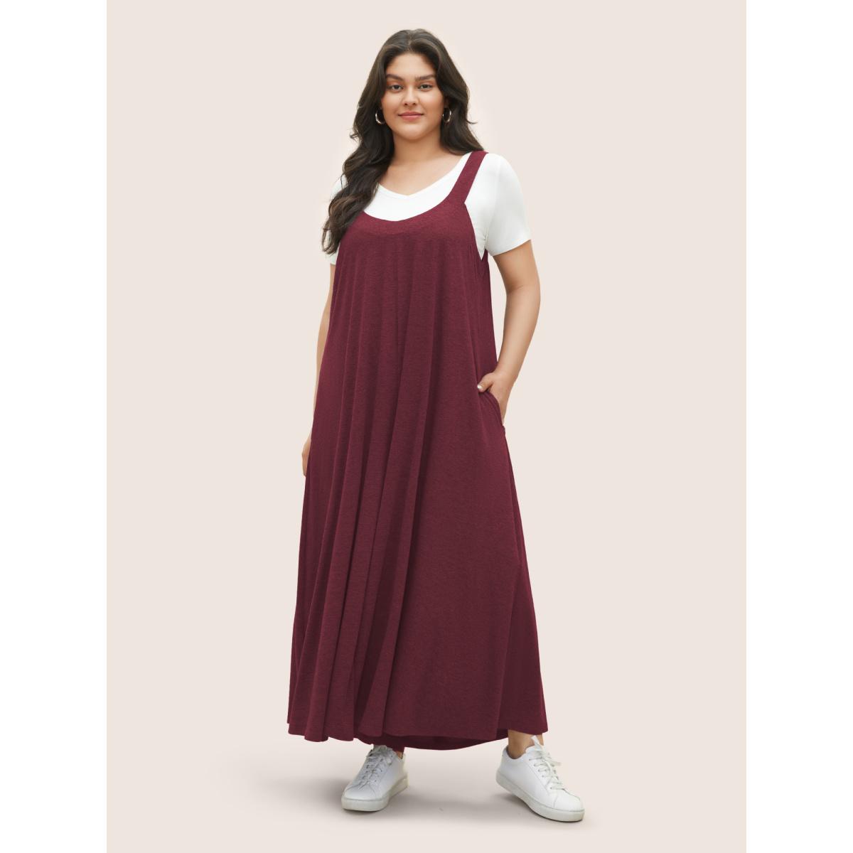 Plus Size Burgundy Supersoft Essentials Solid Pocket Adjustable Straps Jumpsuit Women Casual Sleeveless Non Everyday Loose Jumpsuits BloomChic 28/5X Product Image