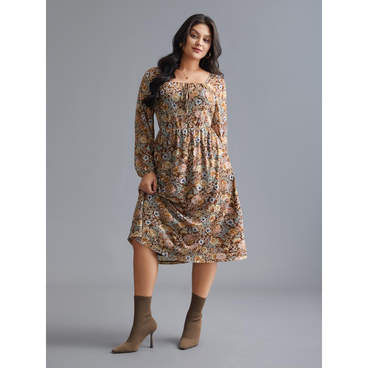 Plus Size Square Neck Floral Ties Midi Dress Browncoffeecolor Women Elegant Tie knot Knit Dresses Bloomchic 14-16/1X Product Image