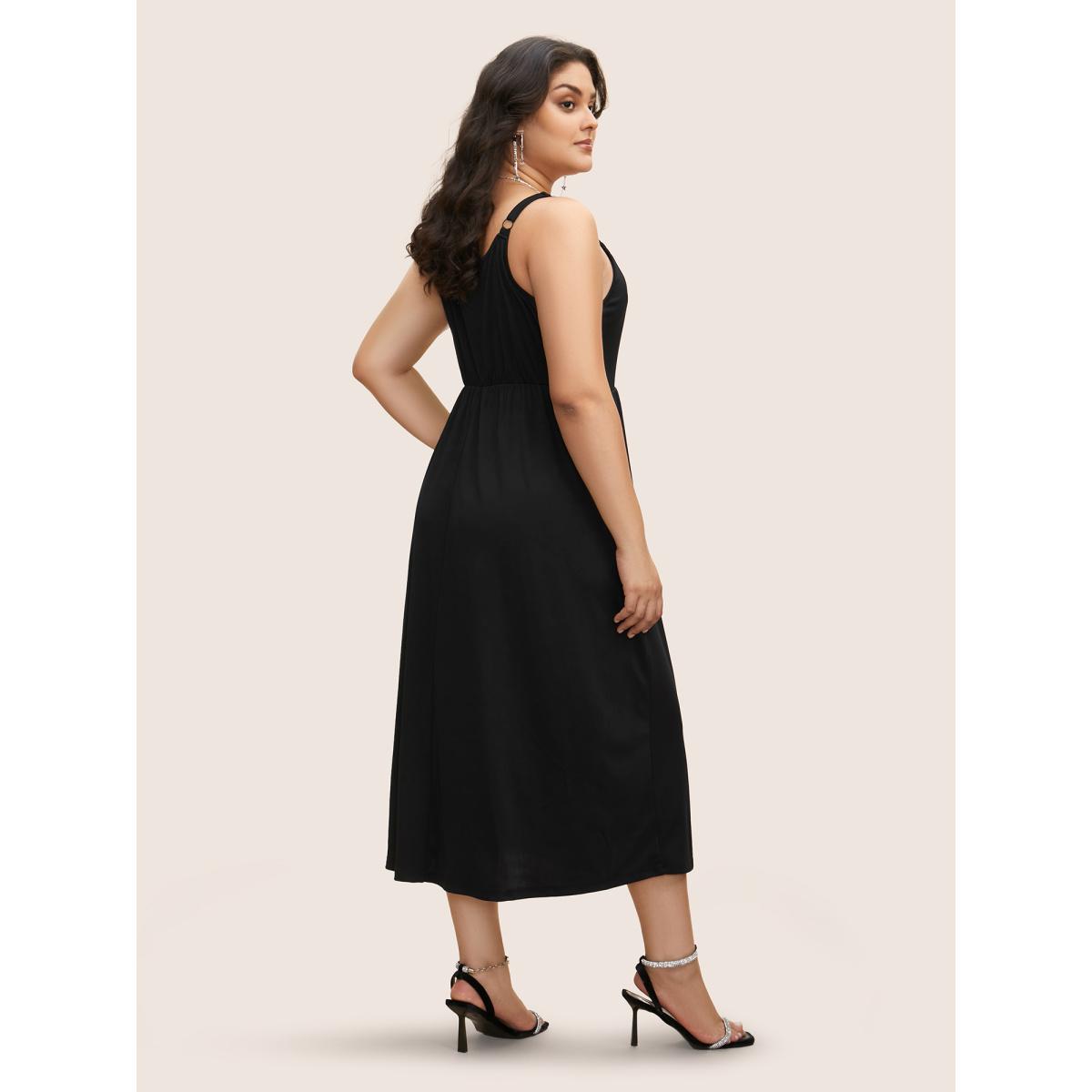 Plus Size Rhinestone Detail Floral Embroidered Split Front Dress Black Women Cocktail Rhinestone detailing V-neck Sleeveless Curvy BloomChic 12/L Product Image