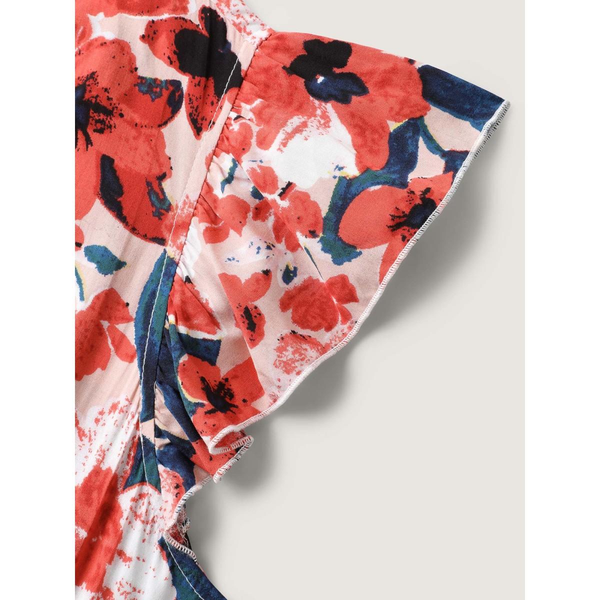 Plus Size Floral Three-Layered Stretchy Waist Midi Dress Coral Women Timeless V-neck Cap Sleeve Curvy BloomChic 12/L Product Image