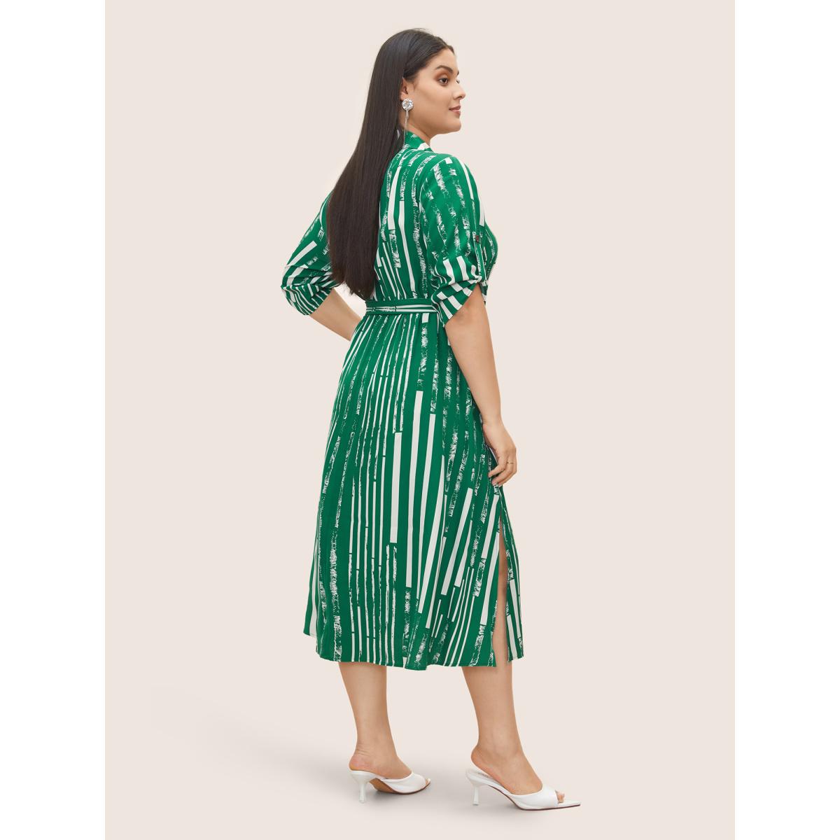 Plus Size Geometric Shirt Collar Tab Sleeve Belted Dress DarkGreen Women At the Office Belted Shirt collar Elbow-length sleeve Curvy Midi Dress BloomChic 18-20/2X Product Image
