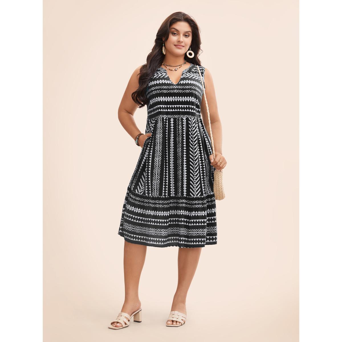 Plus Size Striped Geometric Pocket Ruffle Hem Sleeveless Tank Dress Black Women Casual Non V-neck Sleeveless Curvy BloomChic 14-16/1X Product Image