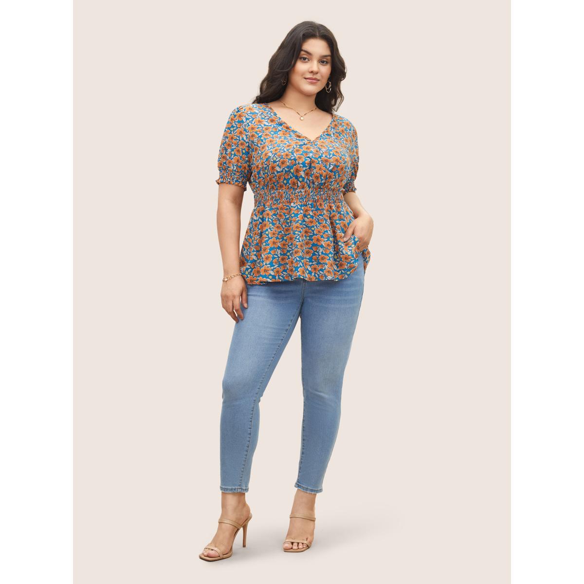 Plus Size Cerulean Floral Surplice Neck Shirred Lantern Sleeve Blouse Women Elegant Short sleeve Overlap Collar Everyday Blouses BloomChic 14-16/1X Product Image