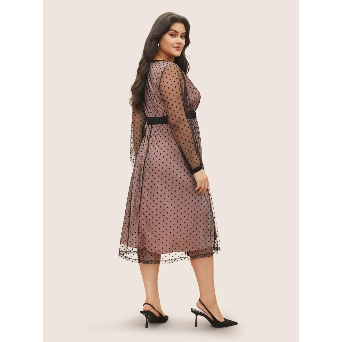 Plus Size Flocking Polka Dot Tiered Mesh Dress DustyPink Women At the Office Non V-neck Long Sleeve Curvy Midi Dress BloomChic 12/L Product Image