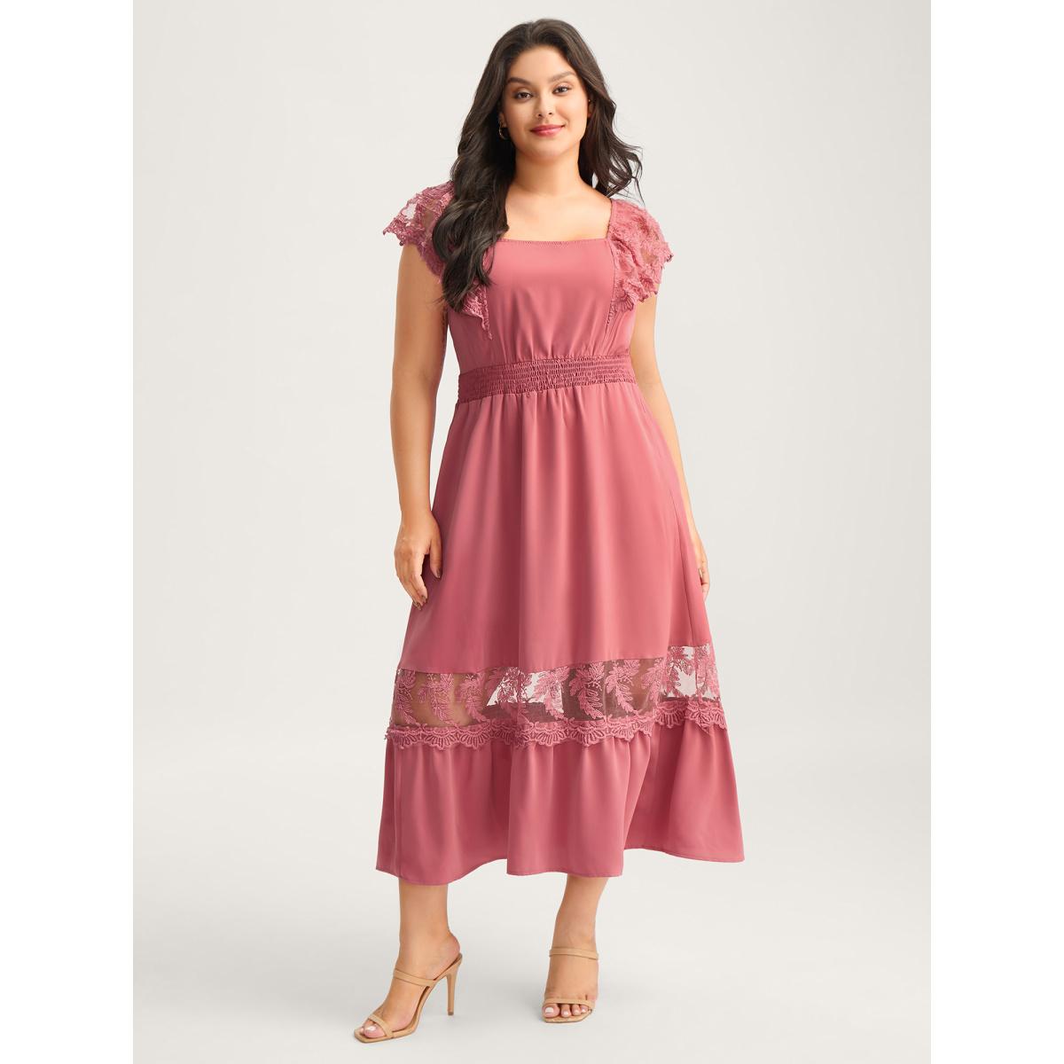 Plus Size Lace Trim Shirred Waist Midi Dress Beanpastepowder Women Square Neck Sleeveless Curvy BloomChic 30/6X Product Image