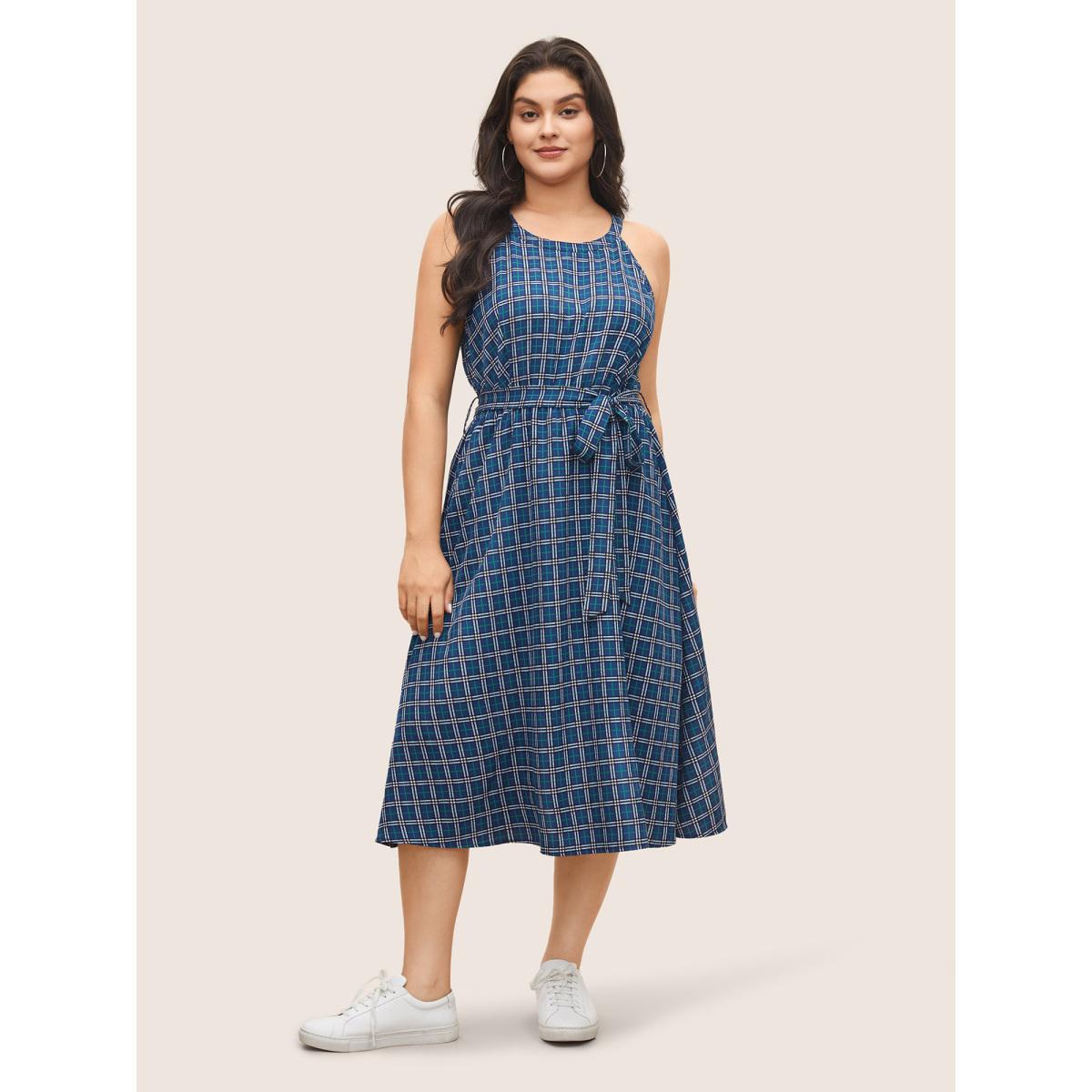 Plus Size Plaid Pocket Belted Halter Midi Dress DarkBlue Women Casual Non Halter neck Sleeveless Curvy Midi Dress BloomChic 26/4X Product Image