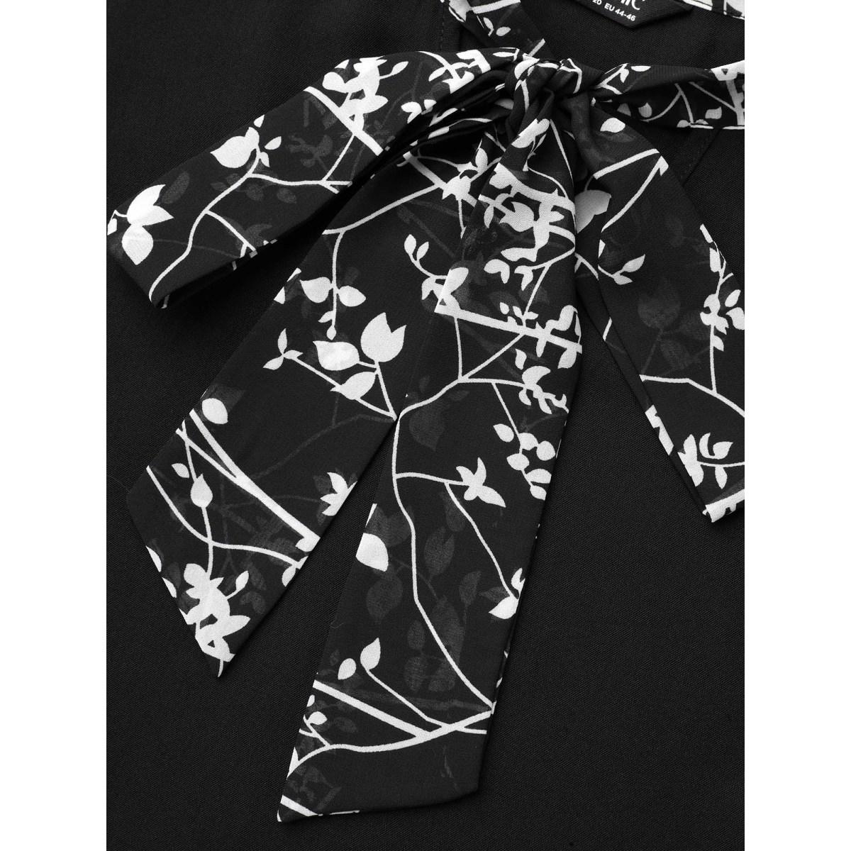 Plus Size Black Floral Patchwork Neck-Tie Blouse Women Elegant Extra Long Sleeve Ribbon-tied collar Everyday Blouses BloomChic 18-20/2X Product Image