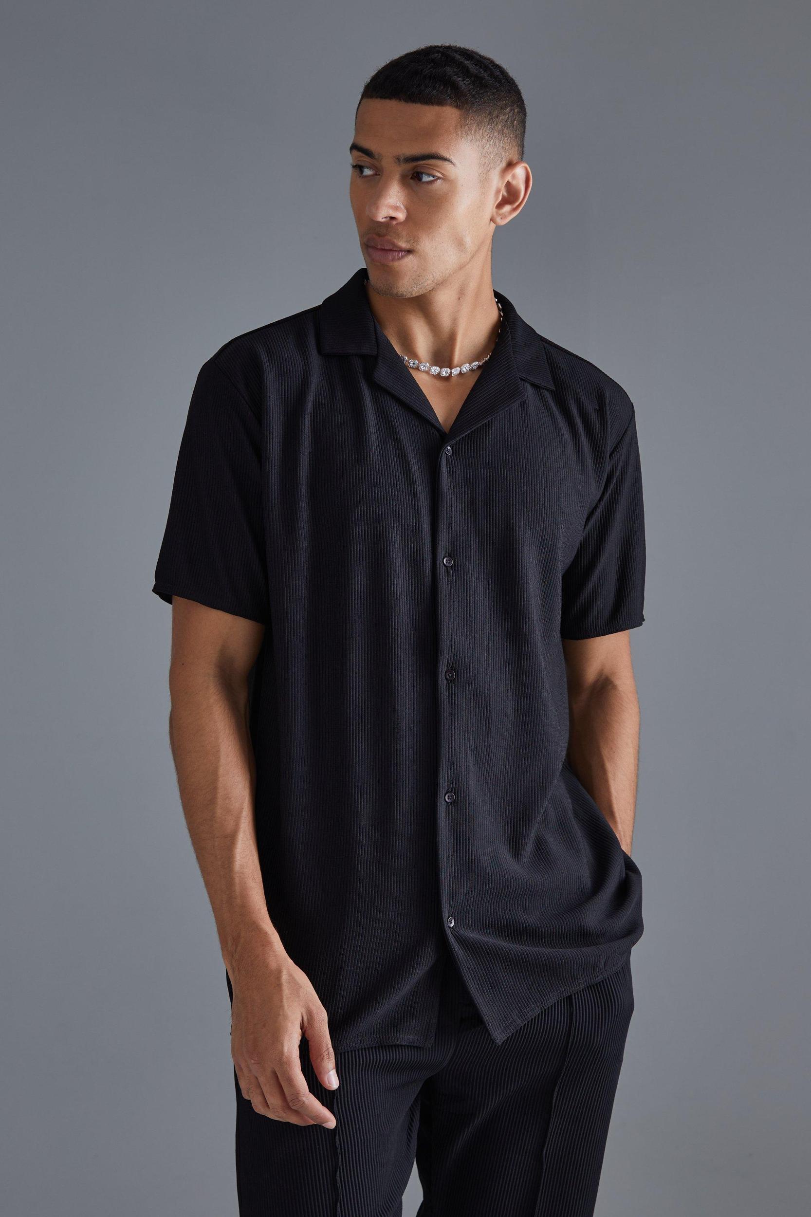 Short Sleeve Ribbed Revere Oversized Shirt | boohooMAN USA Product Image