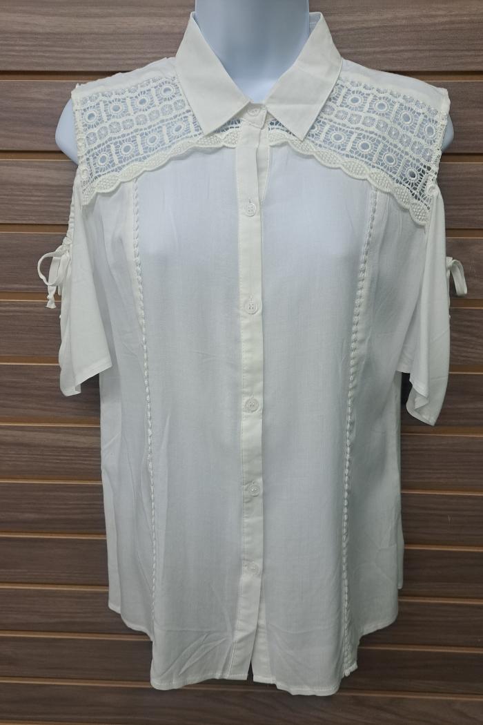 Linen lace cold shoulder button blouse Product Image