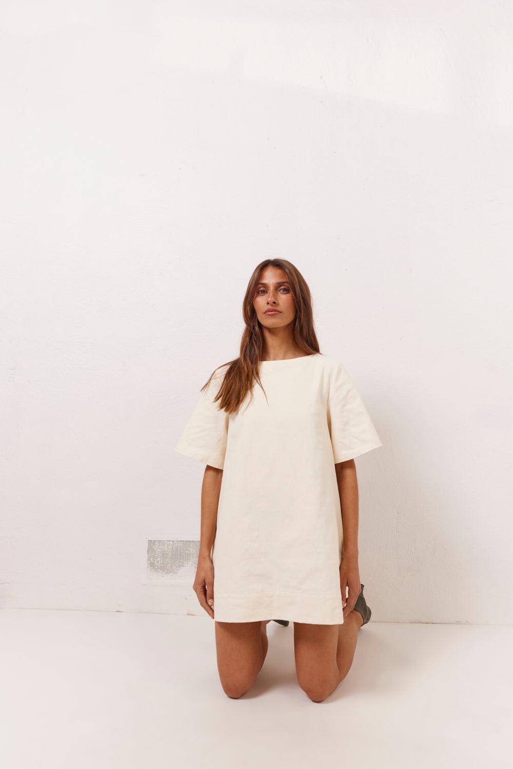 Suki Denim Mini Dress Cream Product Image