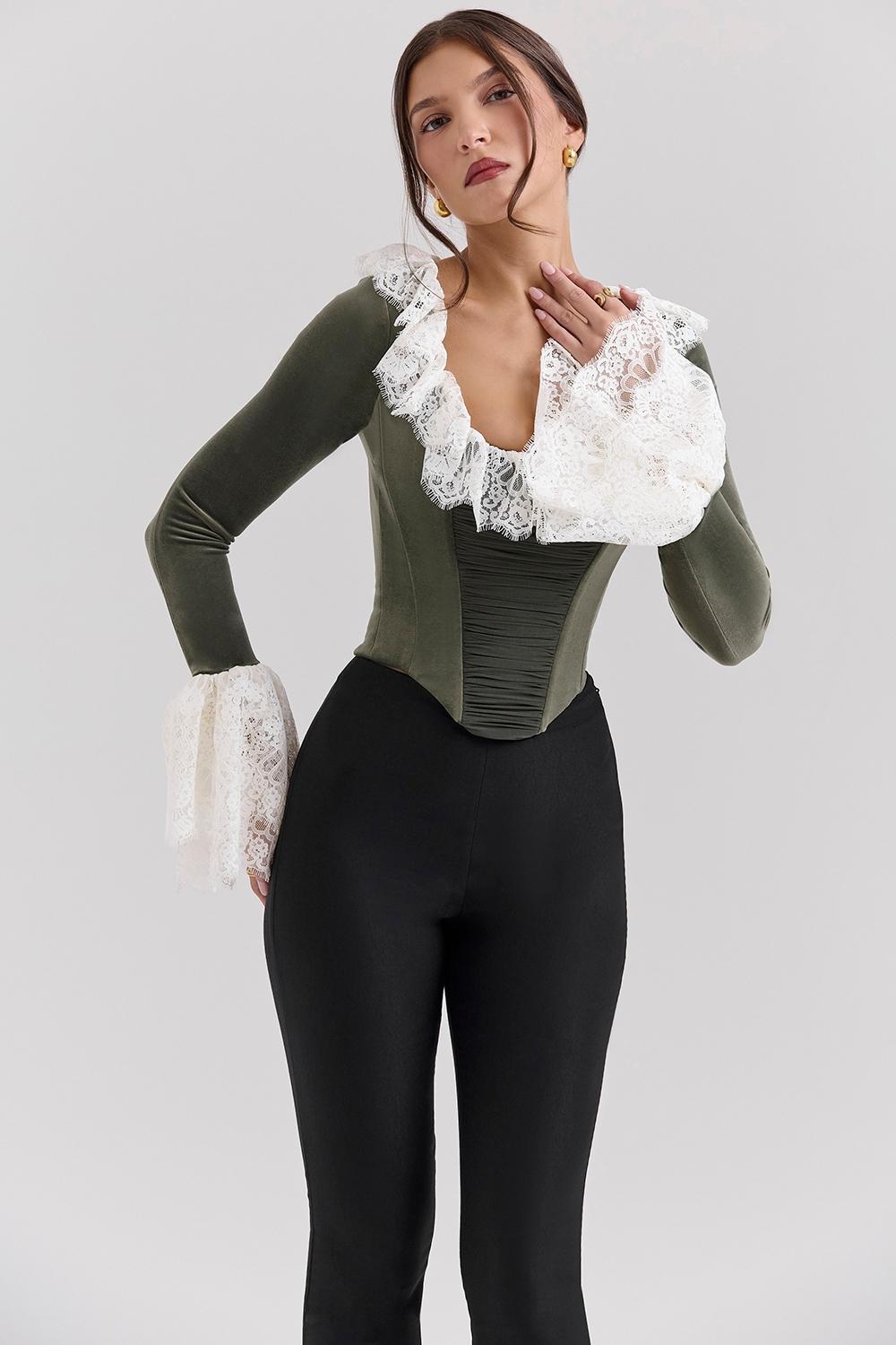 Jacinda  forest green velvet lace trimmed corset top - sale Product Image