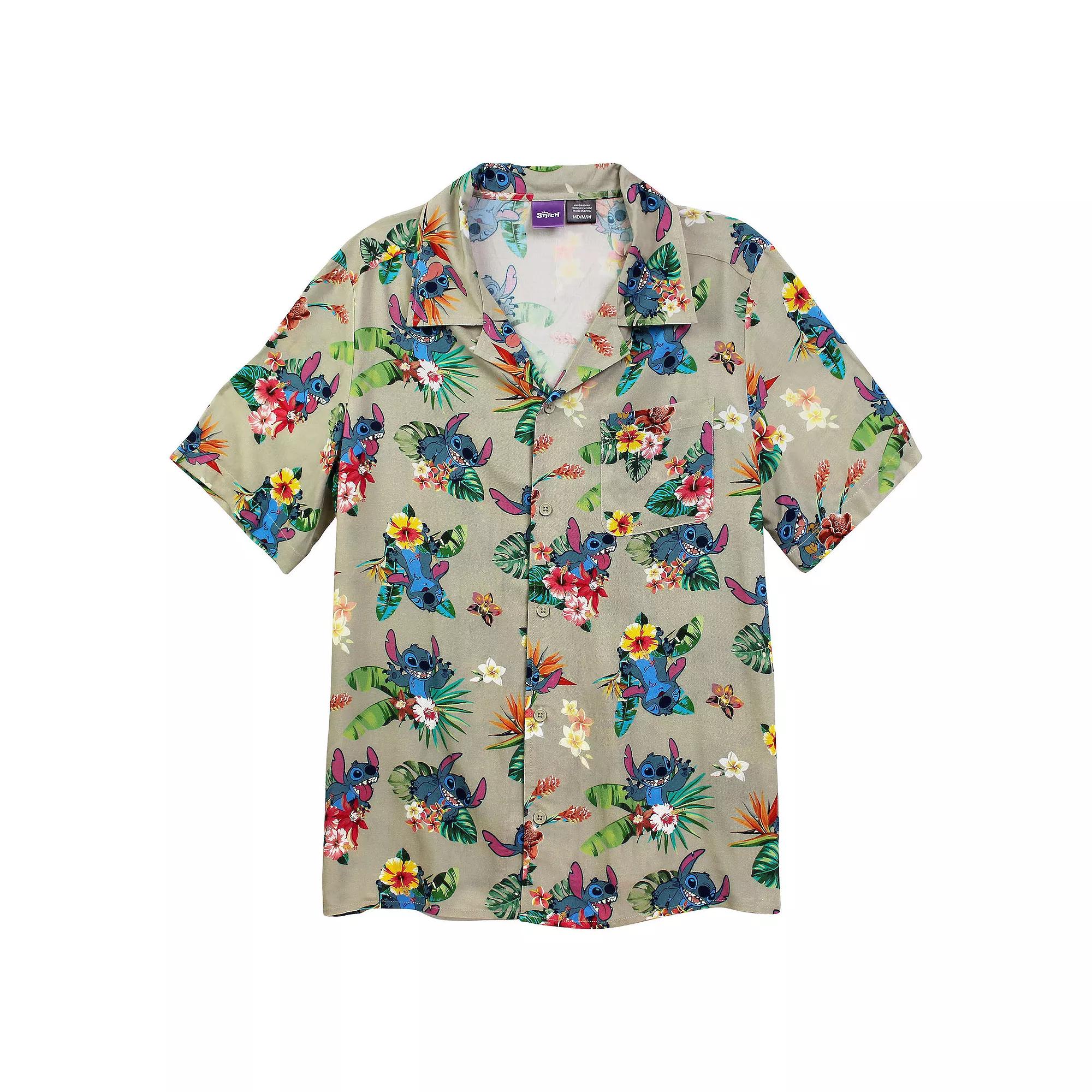 Disney's Lilo & Stitch Men's Happy Tropical Stitch Button Up, Size: Large, White Ice Product Image