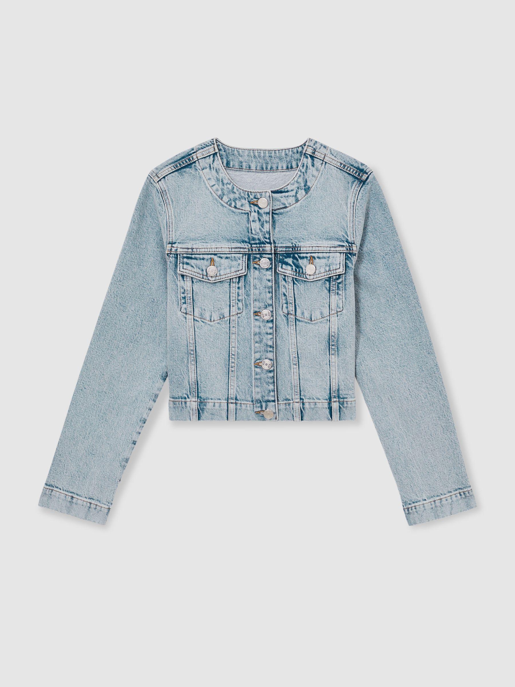 Collarless Cropped Denim Jacket in Light Blue Product Image