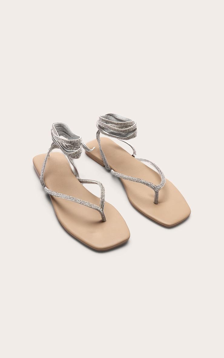 Silver PU Round Toe Diamante Strappy Sandals Product Image