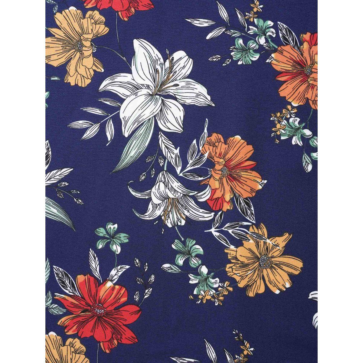 Plus Size Floral Print Drawstring Pleated Midi Skirt Women DarkBlue Elegant Bodycon Low stretch Slanted pocket Everyday Skirts BloomChic 14-16/1X Product Image