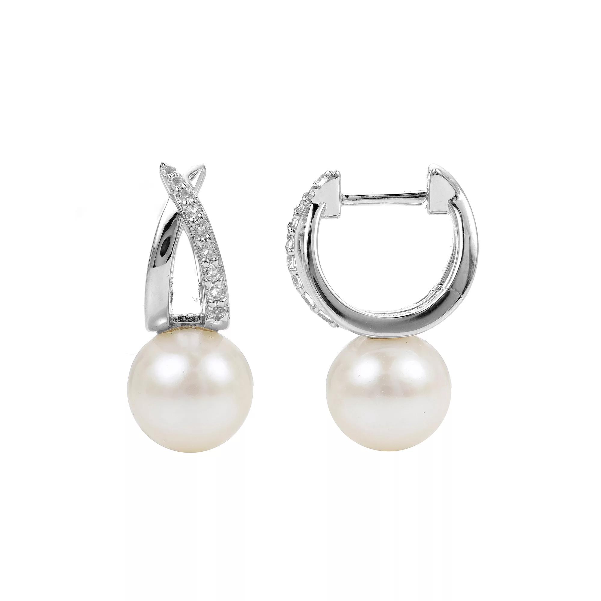 PearLustre by Imperial Sterling Silver Freshwater Cultured Pearl & White Topaz Huggie Hoop Earrings, Women's Product Image