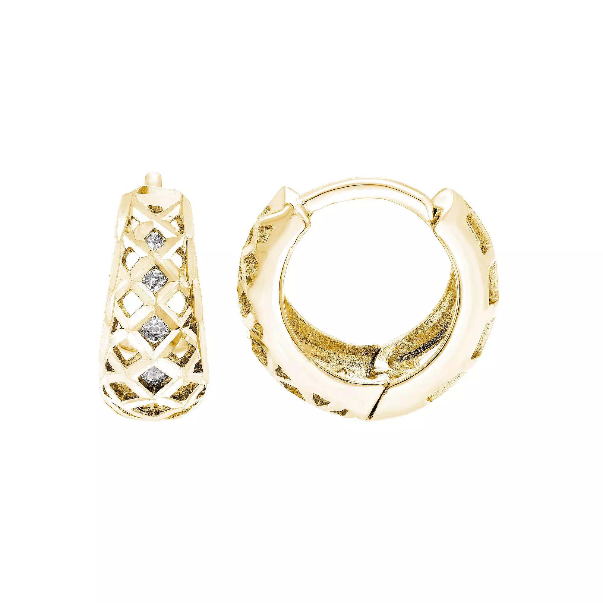Theia Sky 14k Gold Filigree Basket Cubic Zirconia Huggie Hoop Earrings, Women's Product Image