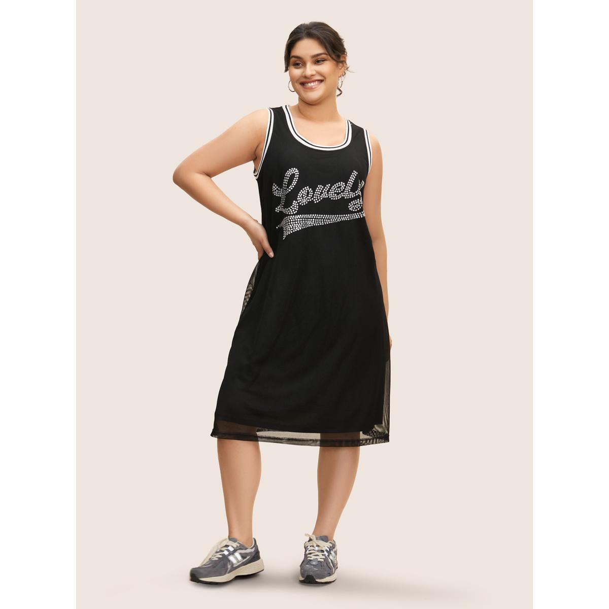 Plus Size Letter Rhinestone Mesh Patchwork Sleeveless Dress Black Women Casual Rhinestone detailing Round Neck Sleeveless Curvy BloomChic 22-24/3X Product Image