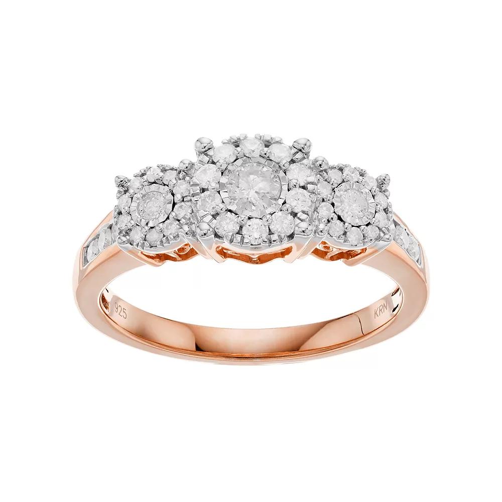 Sterling Silver 1/2 Carat T.W. Diamond 3-Stone Cluster Engagement Ring, Women's, Size: 7, 14k Rose Gold Over Product Image
