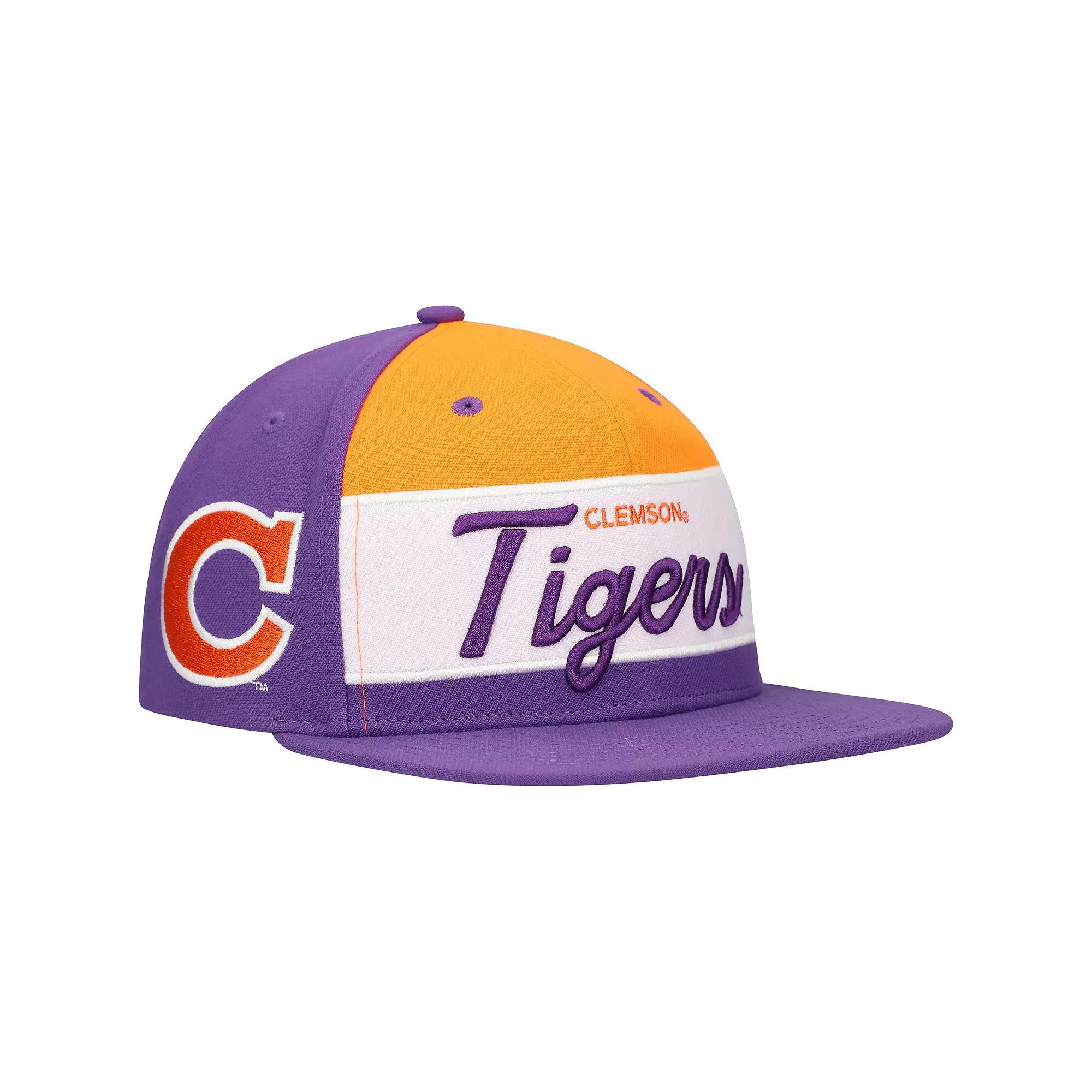 Men's Mitchell & Ness White/Purple Clemson Tigers Retro Sport Color Block Script Snapback Hat Product Image