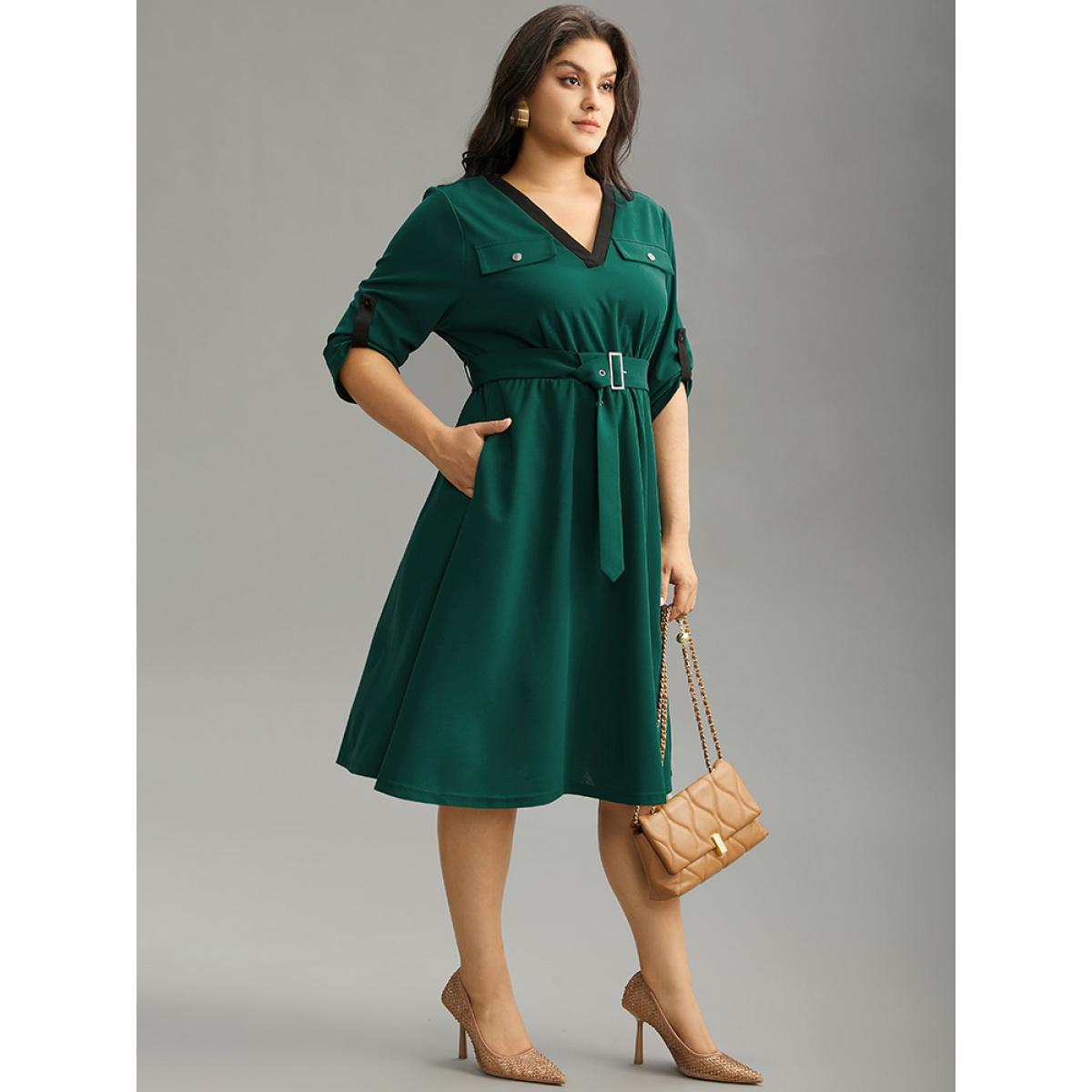 Plus Size Solid Contrast Trim Belted Flap Detail Dress Emerald Women Office Gathered V-neck Elbow-length sleeve Curvy Midi Dress BloomChic 30/6X Product Image