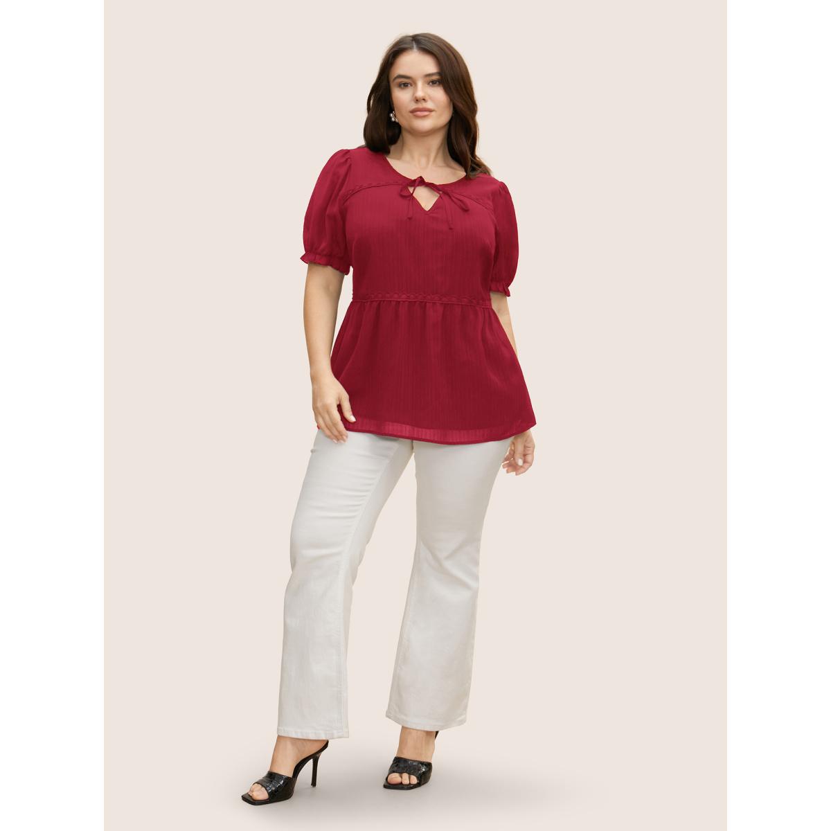 Plus Size Scarlet Lace Panel Knot Neck Lantern Sleeve Blouse Women Elegant Short sleeve V-neck Everyday Blouses BloomChic 30/6X Product Image