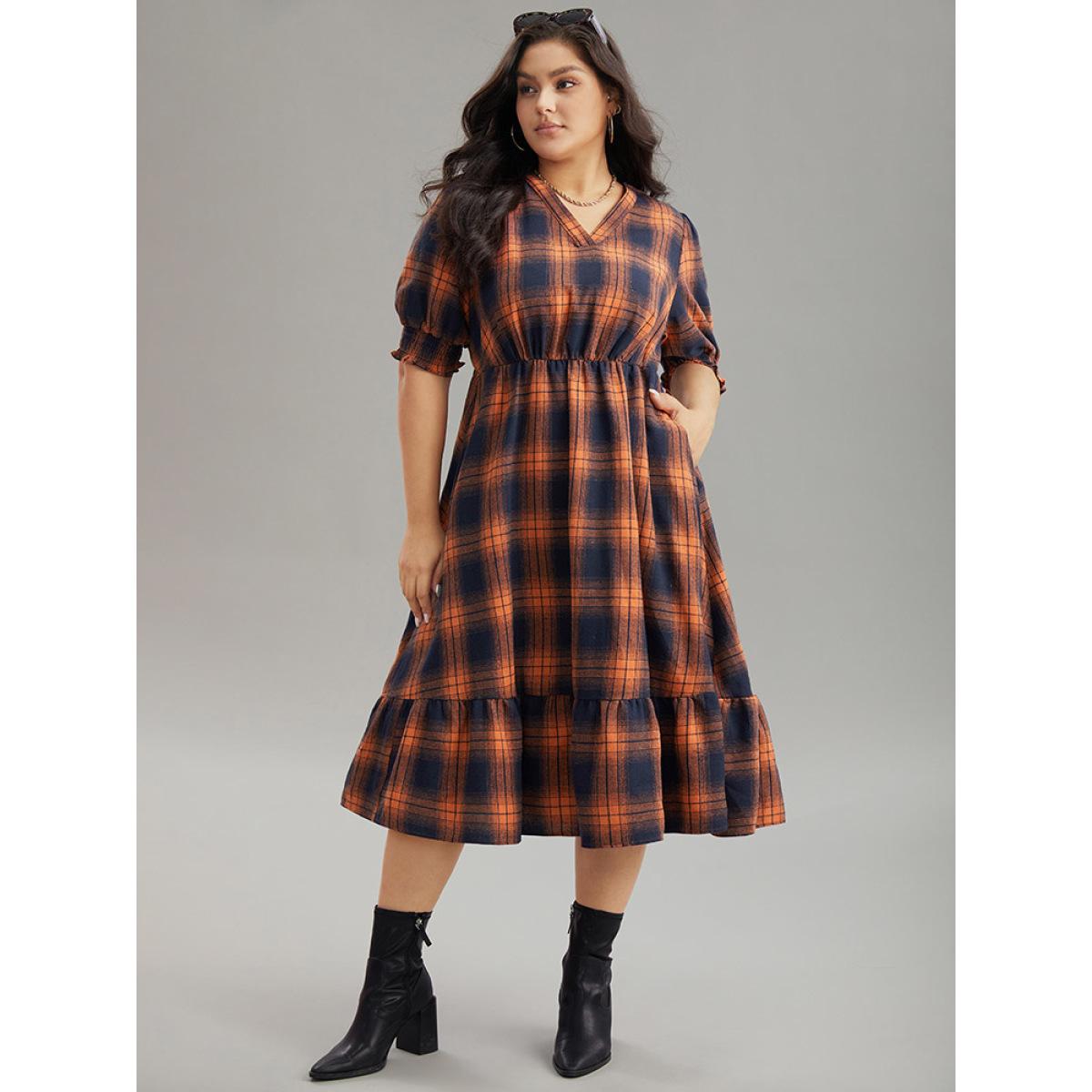 Plus Size Plaid Shirred Ruffles Pocket Dress Orange Women Elegant Printed V-neck Short sleeve Curvy Midi Dress BloomChic 30/6X Product Image