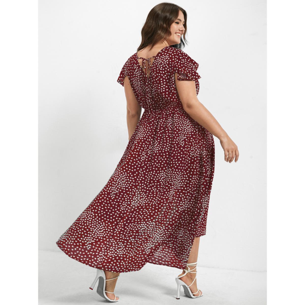 Plus Size V Neck Butterfly Pattern Split Dress Maroon Women Elegant Gathered V-neck Cap Sleeve Curvy Midi Dress BloomChic 30/6X Product Image
