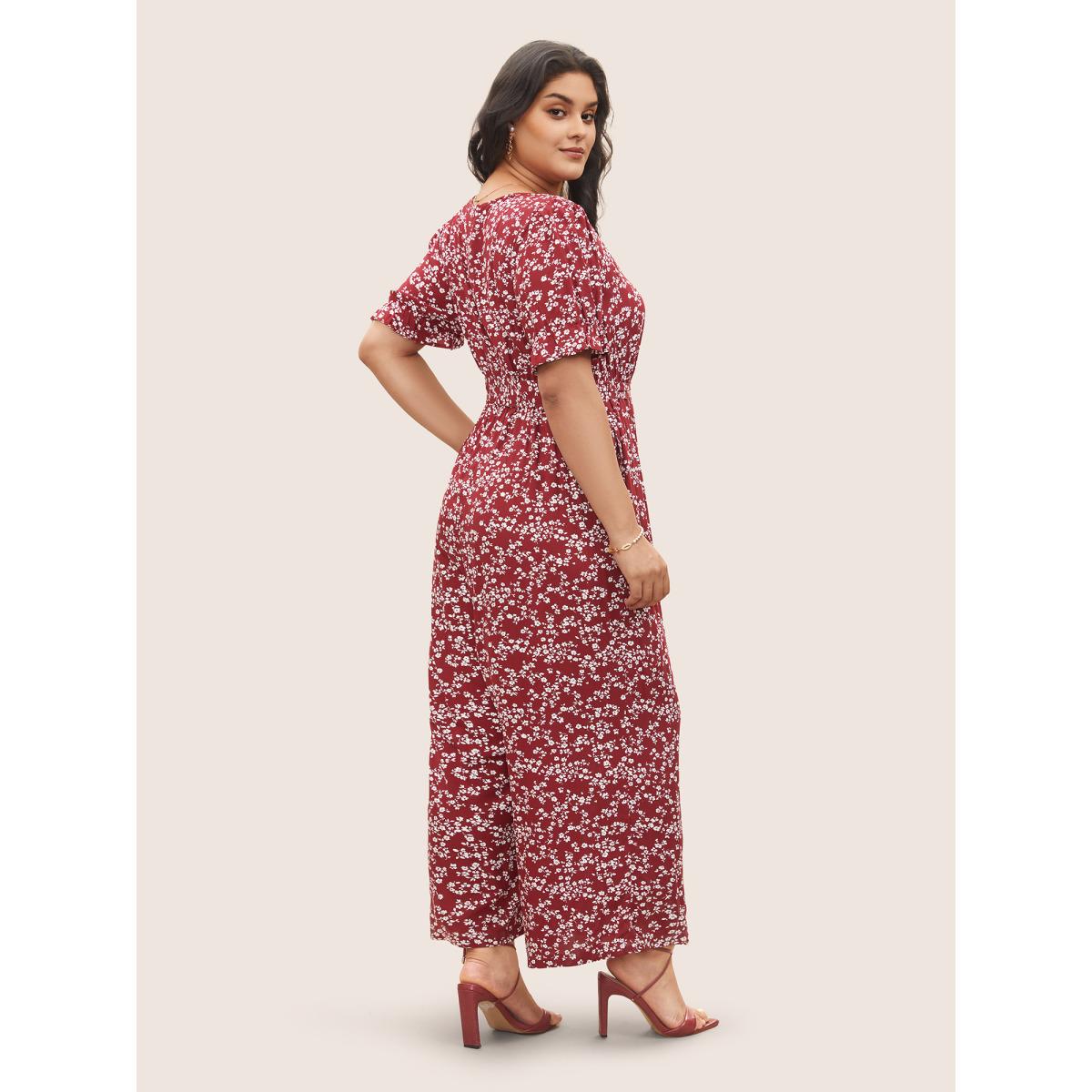 Plus Size RedViolet Ditsy Floral Wrap Belted Gathered Jumpsuit Women Elegant Short sleeve Overlap Collar Everyday Loose Jumpsuits BloomChic 18-20/2X Product Image