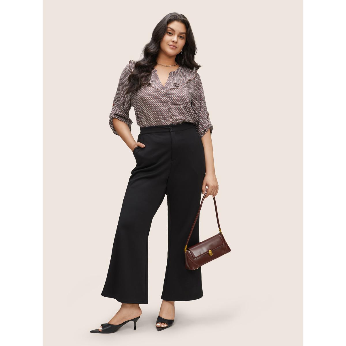 Plus Size Indigo Gingham Ruffle Trim Tab Sleeve Blouse Women At the Office Elbow-length sleeve V-neck Work Blouses BloomChic 26/4X Product Image