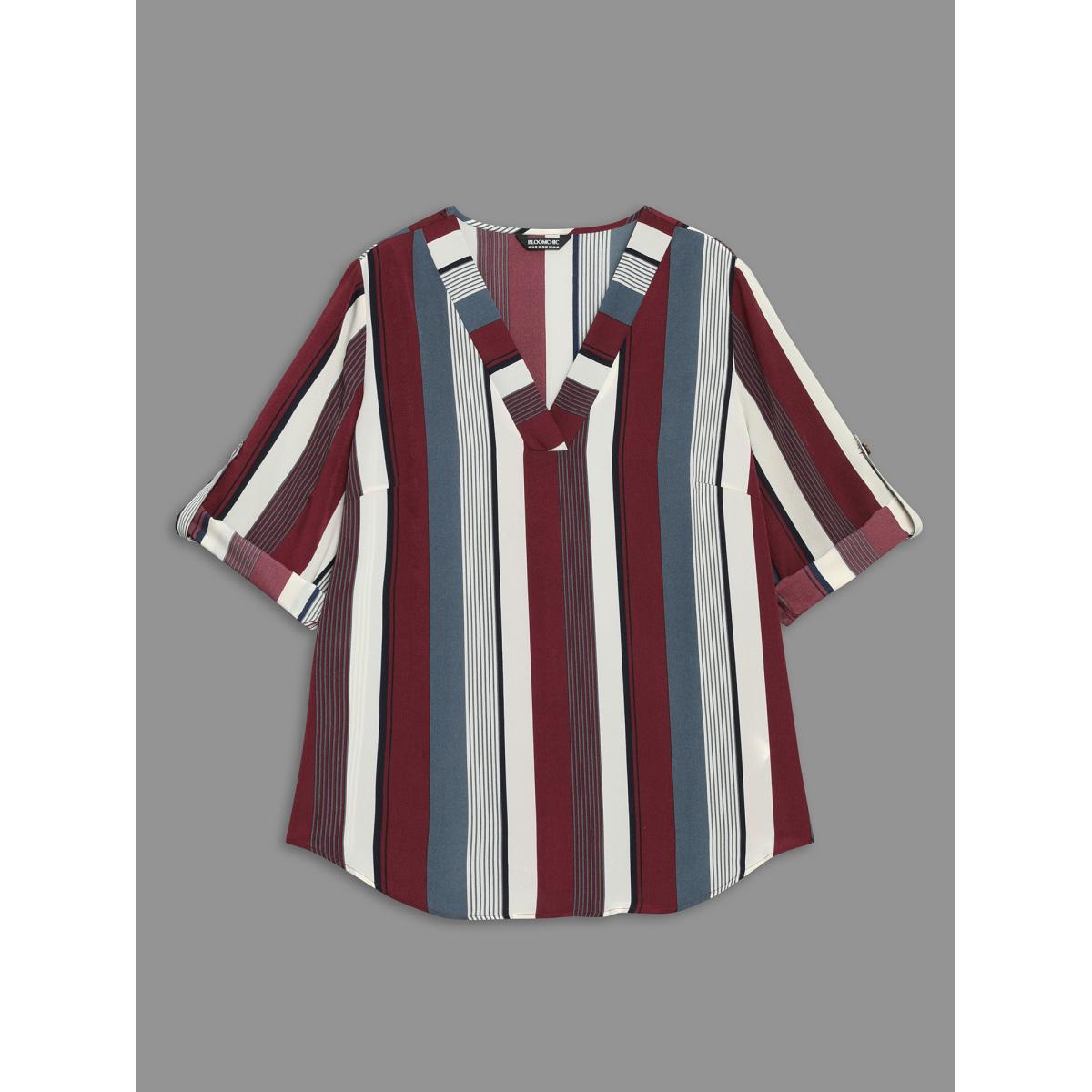 Plus Size Multicolor Vertical Striped V-Neck Tab Sleeve Blouse Women Office Elbow-length sleeve V-neck Office Blouses BloomChic 18-20/2X Product Image