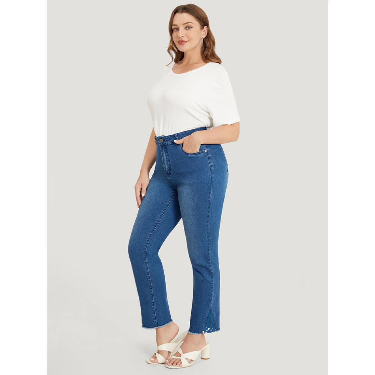 Plus Size Very Stretchy High Rise Medium Wash Lace Insert Raw Hem Jeans Women Indigo Casual Plain Patchwork High stretch Side seam pocket Jeans BloomChic 10/M Product Image