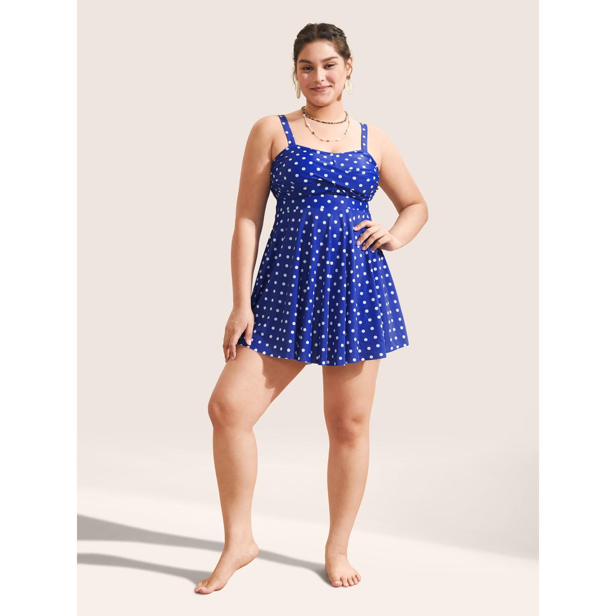 Plus Size Polka Dot Ruched Fit Flare Swim Dress Women's Swimwear Blue Beach Bodycon Strapless High stretch Curve Swim Dresses BloomChic 26/4X Product Image