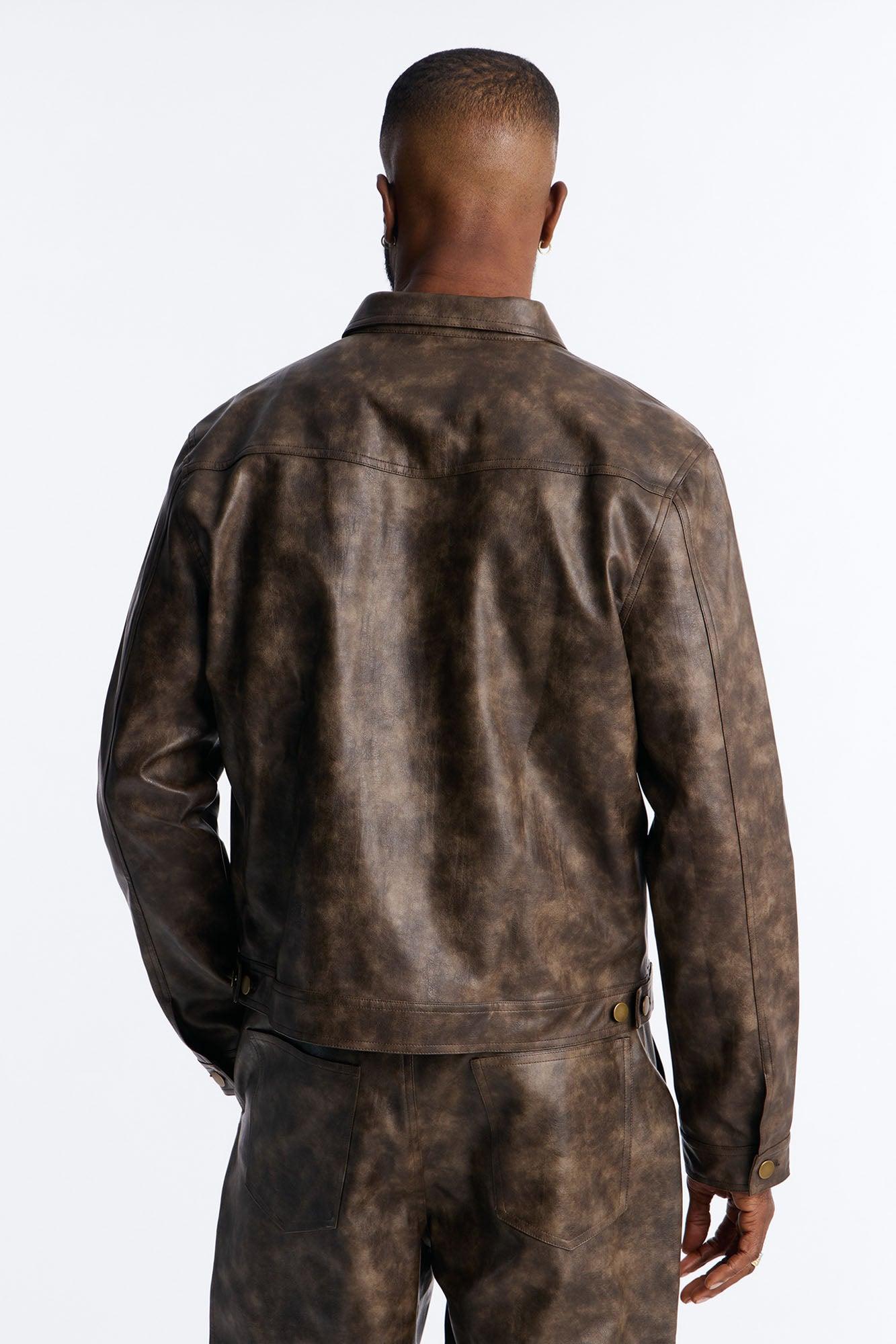 Stone Grained Faux Leather Trucker Jacket - Brown Male Product Image