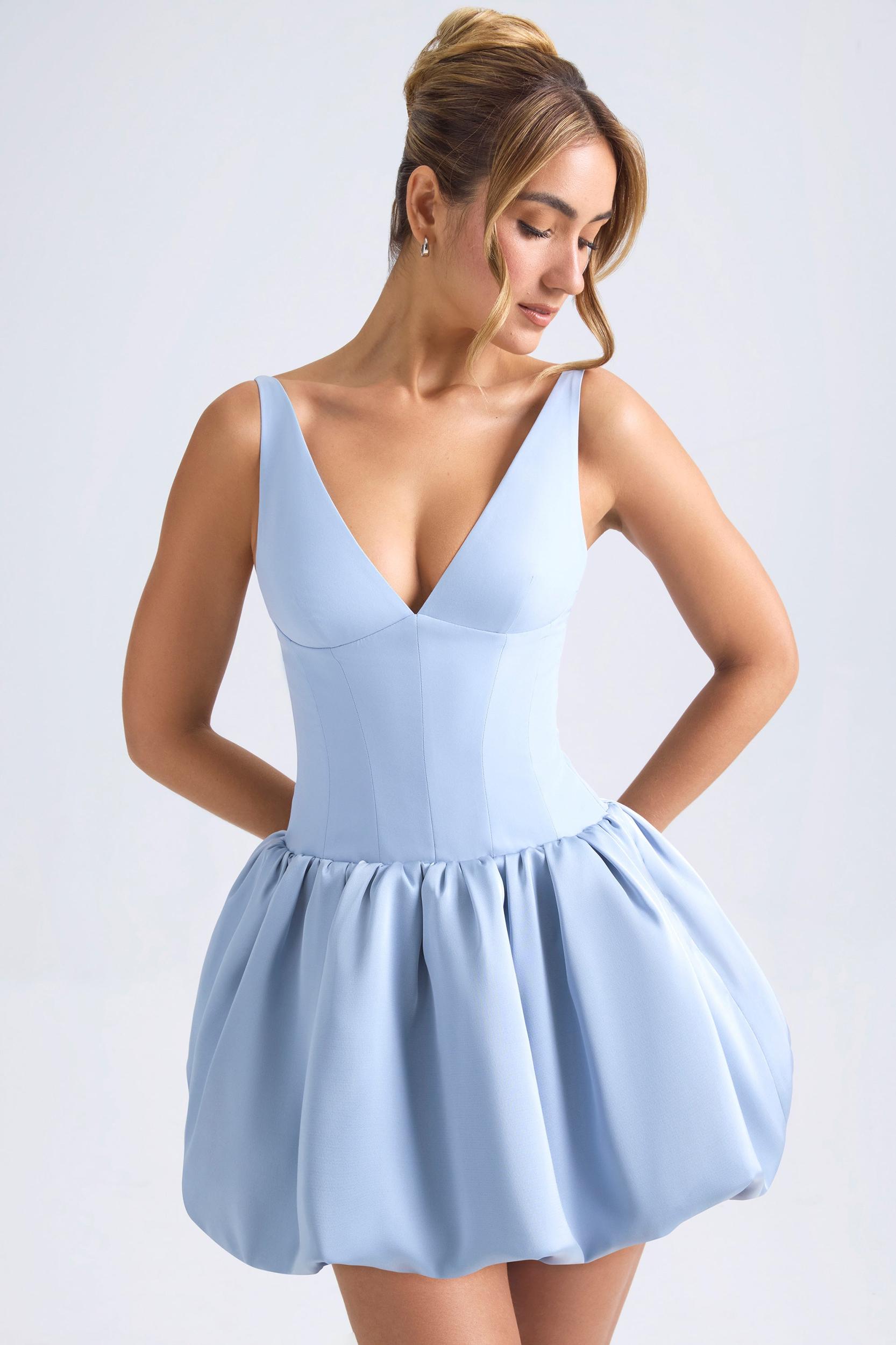 Lace-Up Bubble Hem Corset Micro Mini Dress in Light Blue Product Image